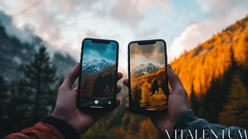 Dual smartphone frames isolating alpine landscape color states.