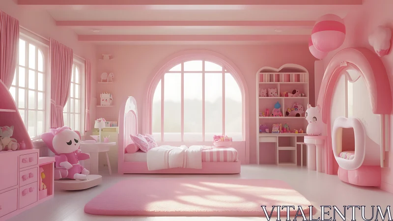 Soft pink girl’s bedroom with toys and pastel decor.