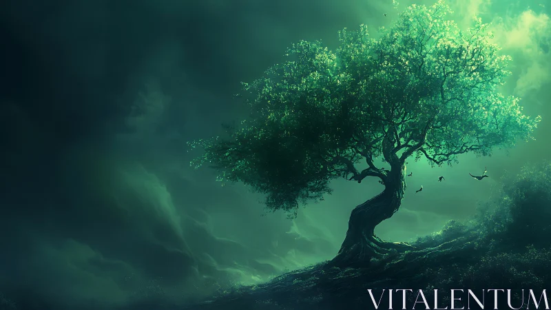 Emerald dreamtree leans into stormlit twilight skies.