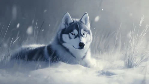 Husky resting in dreamy winter grass and silver light.