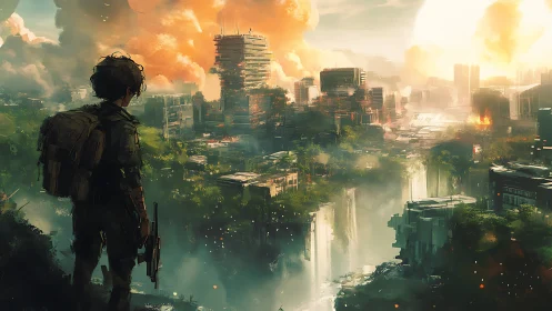 Post-apocalyptic scout overlooking overgrown waterfall megacity