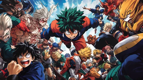 Dynamic anime battle tableau captures converging heroic forces