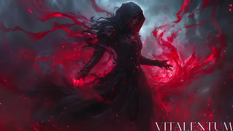 Crimson shroud sorceress bending storms of living shadow.