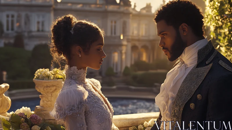 Regency couple stands in ornate garden at golden hour