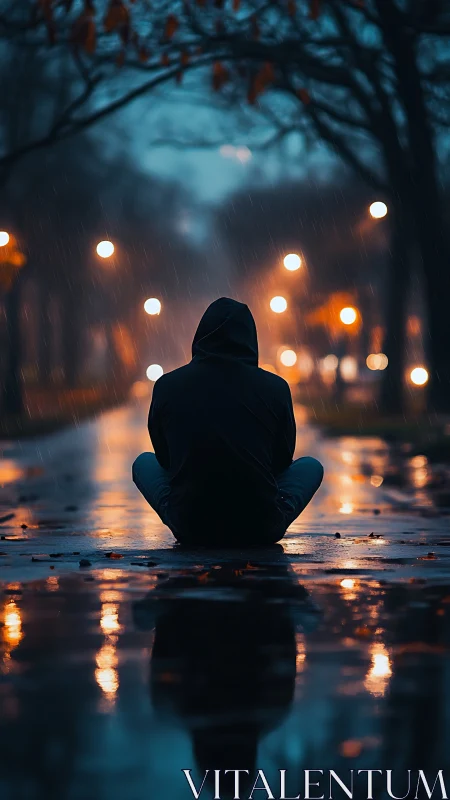 Hooded figure sits in reflective rain soaked city street.