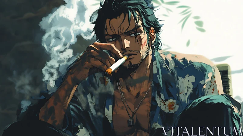 Brooding anime man smoking in floral shirt outdoors.