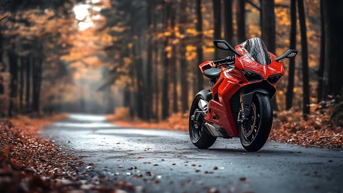 Scarlet superbike pauses on a misty autumn forest ribbon.