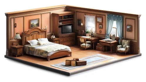 Miniature traditional bedroom study with wood paneling.