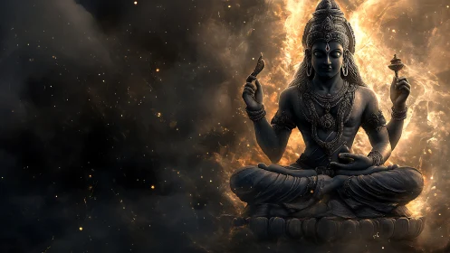 Celestial deity in luminous cosmic meditation pose.