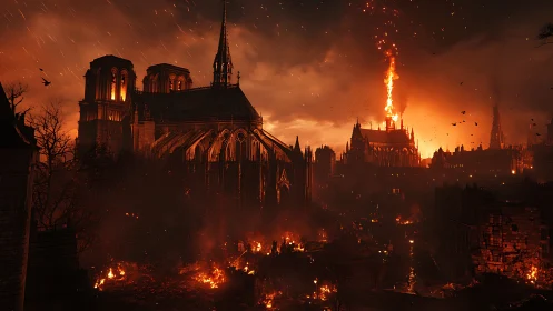 Gothic cathedral inferno with embers, collapsing spire, night sky