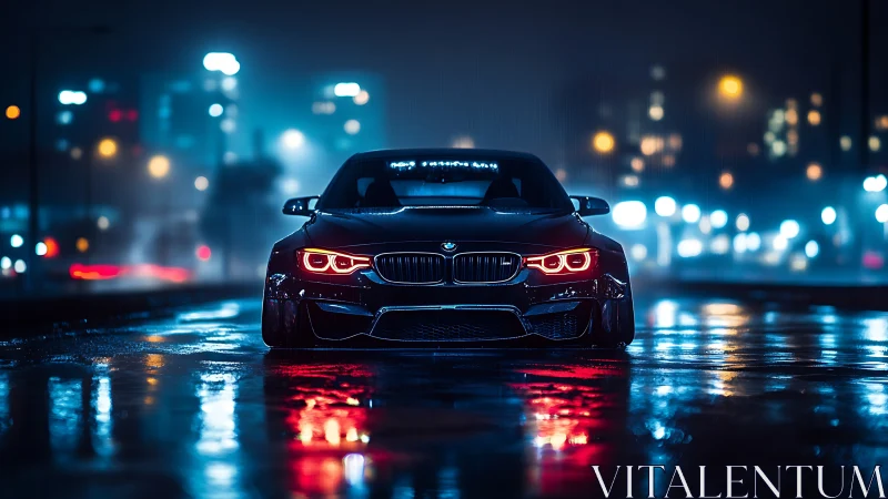 Midnight BMW sedan on neon city rain street front view.