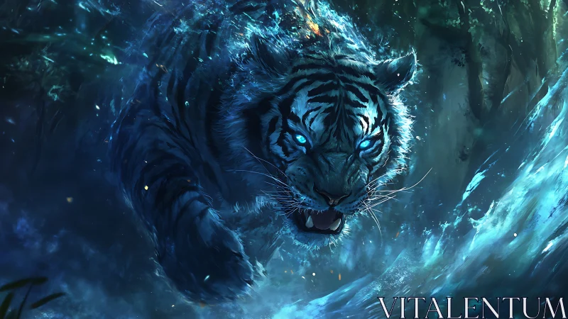 Mystic blue tiger surging through luminous forest waters.