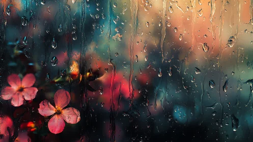 Optically refracted raindrops on glass before blurred blossoms.