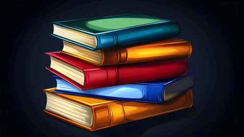 Vibrant stack of colorful books in digital illustration style.