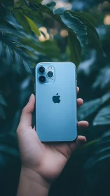iPhone 13 Pro in light blue held against foliage backdrop.