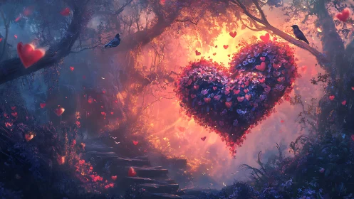 Radiant Heart Suspended in Enchanted Forest Glow.