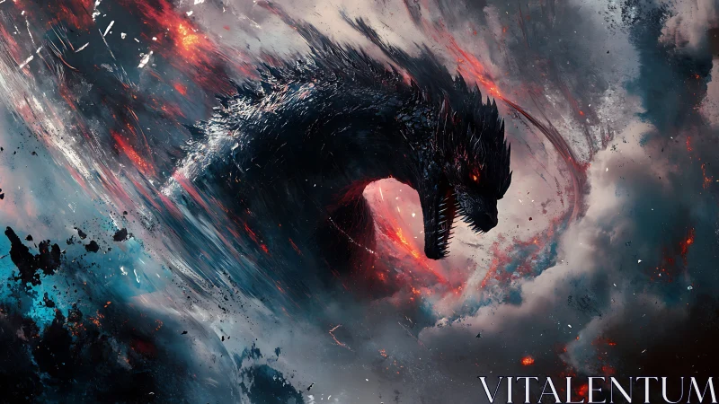 Giant reptilian creature emerges amid swirling fiery clouds