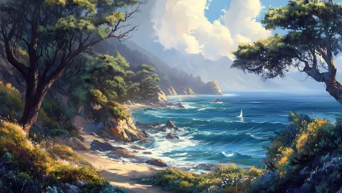 Sunlit rocky coastline frames turquoise waves and distant sailboat