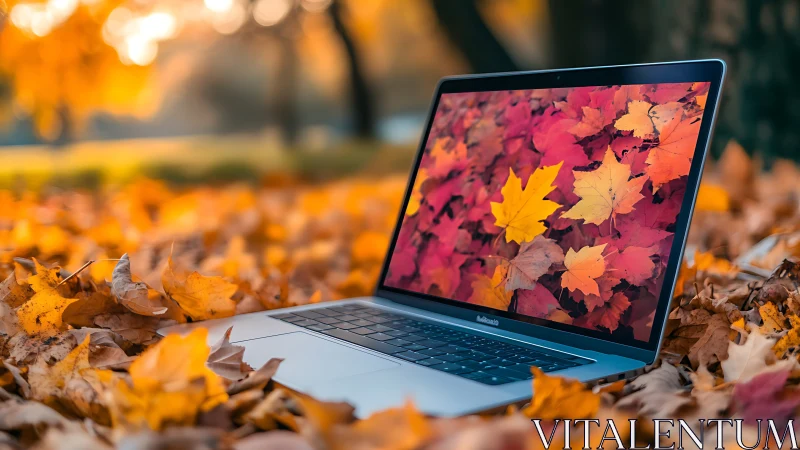 Laptop rests in golden autumn leaves, vibrant screen reflection.