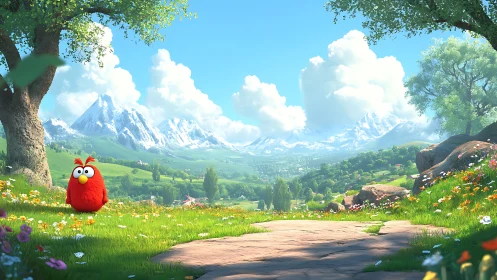 Red cartoon bird in lush alpine meadow with snowy peaks