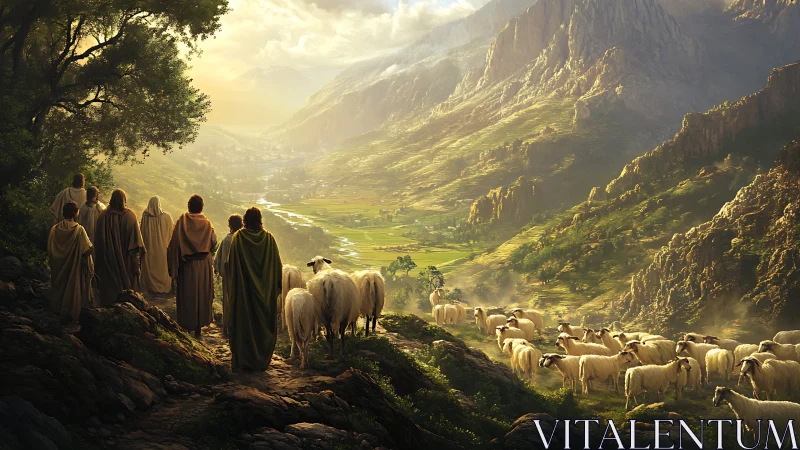 Shepherds and disciples wandering a sunlit valley of peace.