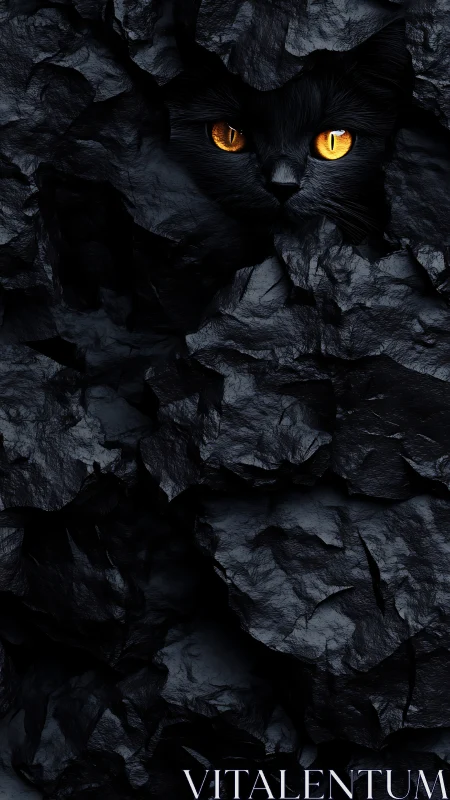 Golden-eyed black cat emerges from shadowy rocks.