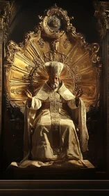 Gilded bishop sculpture before radiant baroque altar.