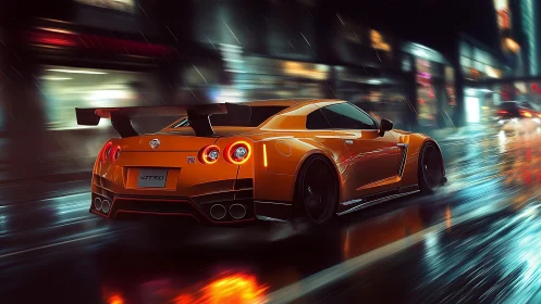 Orange Nissan GT-R GT50 racing on wet neon city street at night