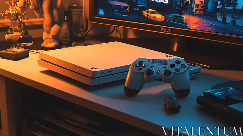 White game console rests on desk before glowing city screen