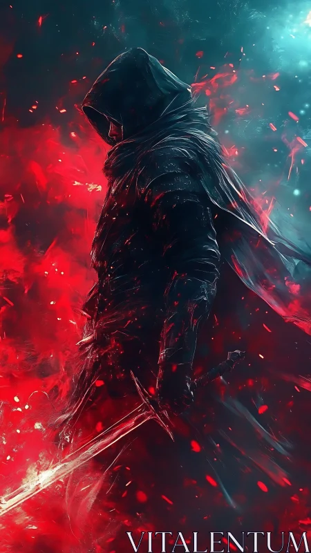 Hooded swordbearer in bifurcated red cyan energy field.