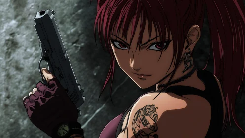 Armed tattooed woman holds pistol with intense side glare