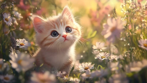 White Fluffy Kitten in Wildflower Meadow.