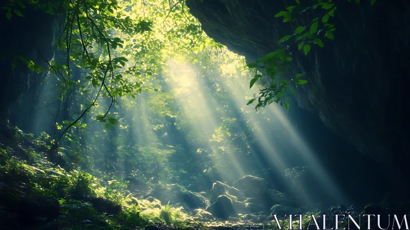 Volumetric sunbeams penetrate mossy cavern floor vegetation