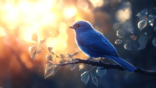 Blue songbird on branch at sunrise, dreamy digital art style.