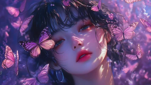 Butterfly-lit twilight paints her dreaming face in neon hush