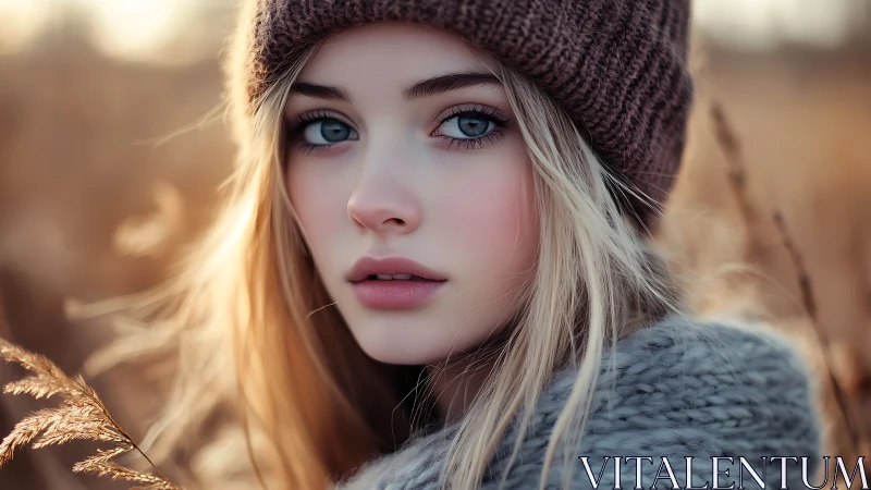 Winter meadow portrait with soft golden dusk light.