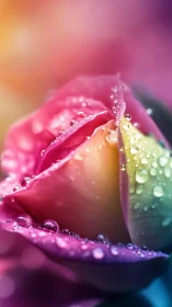Macro Floral Study: Iridescent Rose Petals with Dewdrops.