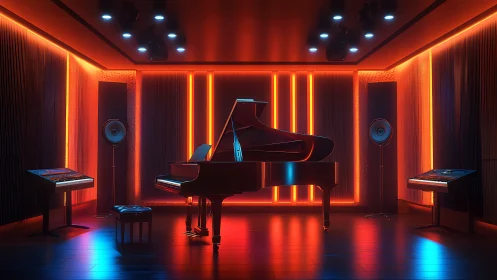 3D neon studio grand piano in immersive hybrid soundstage design.