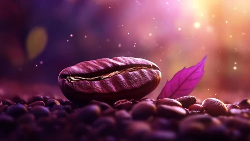 Macro roasted coffee bean with bokeh glow and magenta leaf