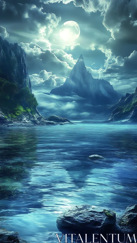 Moonlit mountain lake under dramatic glowing clouds.