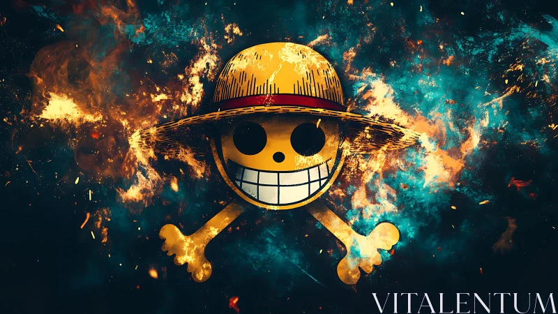 Straw hat skull emblem exploding in fiery cosmic energy.