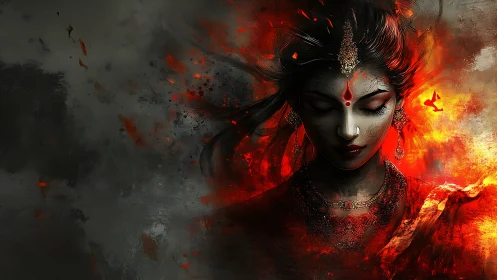 Digital painting of fiery goddess portrait with dark negative space.