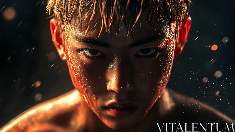 Intense wet portrait under burning cinematic rim light.