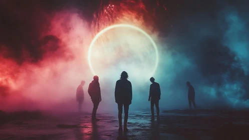 Silhouetted figures stand before glowing circular portal.