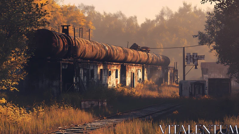 Rusting rail depot with overgrown tracks at sunset.