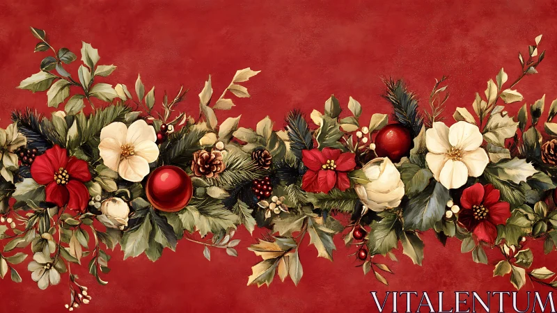 Horizontal floral garland extends across uniform red ground