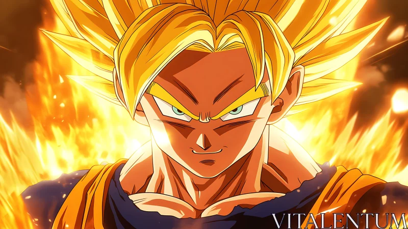 Blond anime fighter with glowing aura and intense gaze.