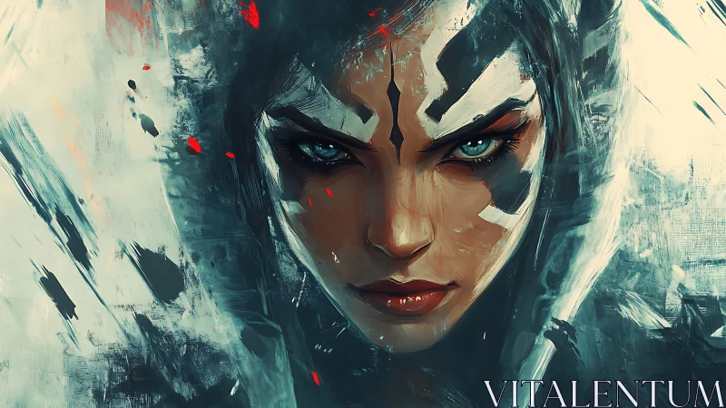 Warrior portrait ignites storm of teal light and resolve.