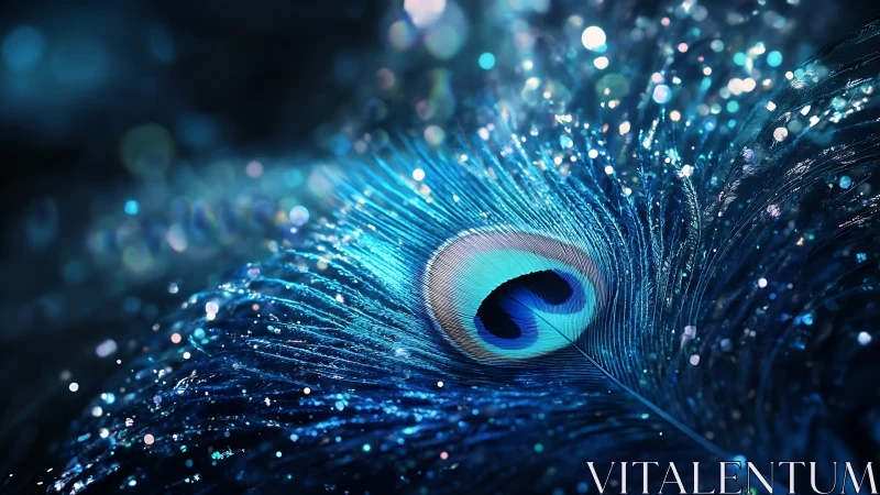 Iridescent peacock feather shimmers in dreamy blue bokeh light