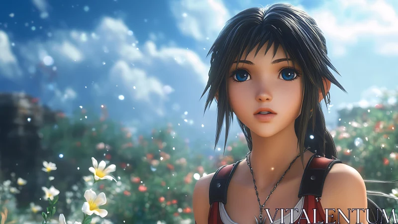 Sky-eyed adventurer pauses in a sunlit meadow of drifting dreams.